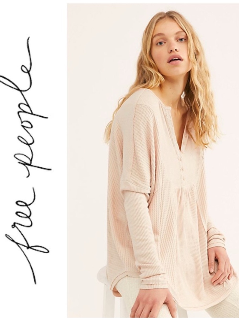 Free People Leo Henley Waffle Long Sleeve Shirt Top